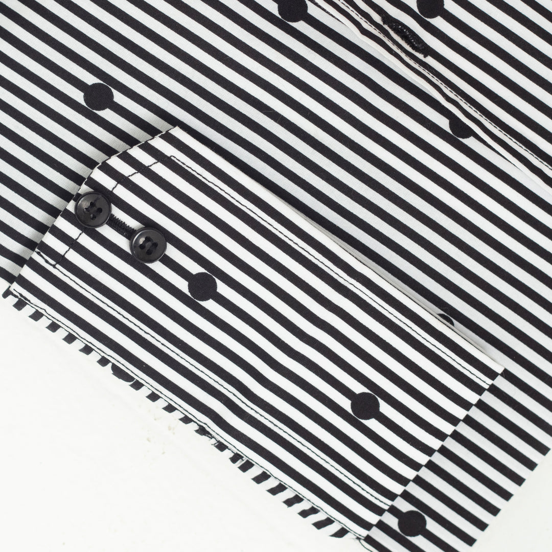 Wrinkle-Resistant Poly Cotton Black Monochrome Striped & Dotted Shirt