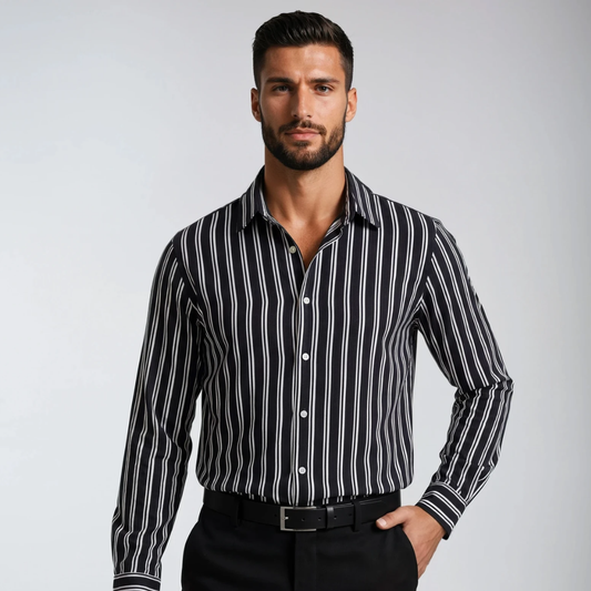 Wrinkle-Resistant Cotton Rich Blend Black Double Striped Shirt