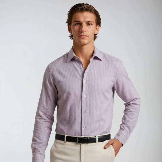 Pure Cotton Mauve Purple Herringbone Self-Textured Shirt