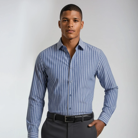 Wrinkle-Resistant Cotton Blend Mid Blue White Striped Shirt