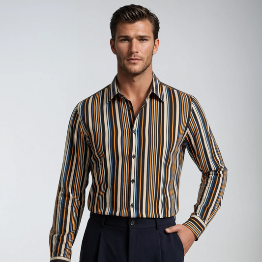 Wrinkle-Resistant Smooth Cotton Blend Multi-Striped Shirt