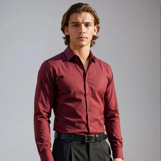 Wrinkle-Resistant Smooth Cotton Blend Red Wine Shirt