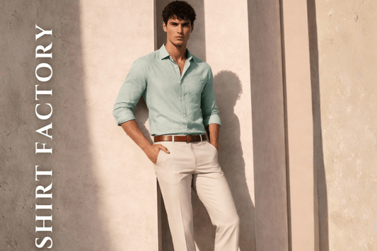 an wearing sea green pure Irish linen shirt on a hot British summer day
