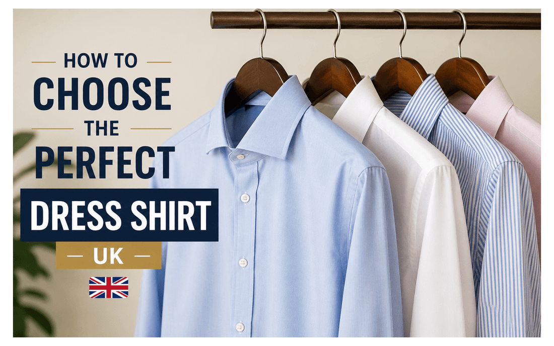 Row of men's dress shirts on hangers in various colours showing style options from The Shirt Factory UK