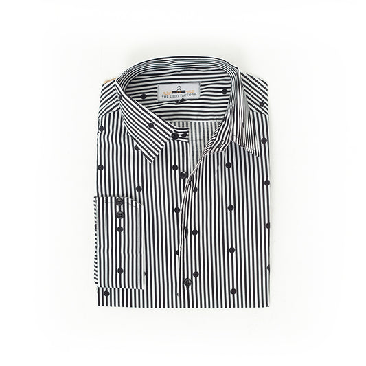 Wrinkle-Resistant Poly Cotton Black Monochrome Striped & Dotted Shirt