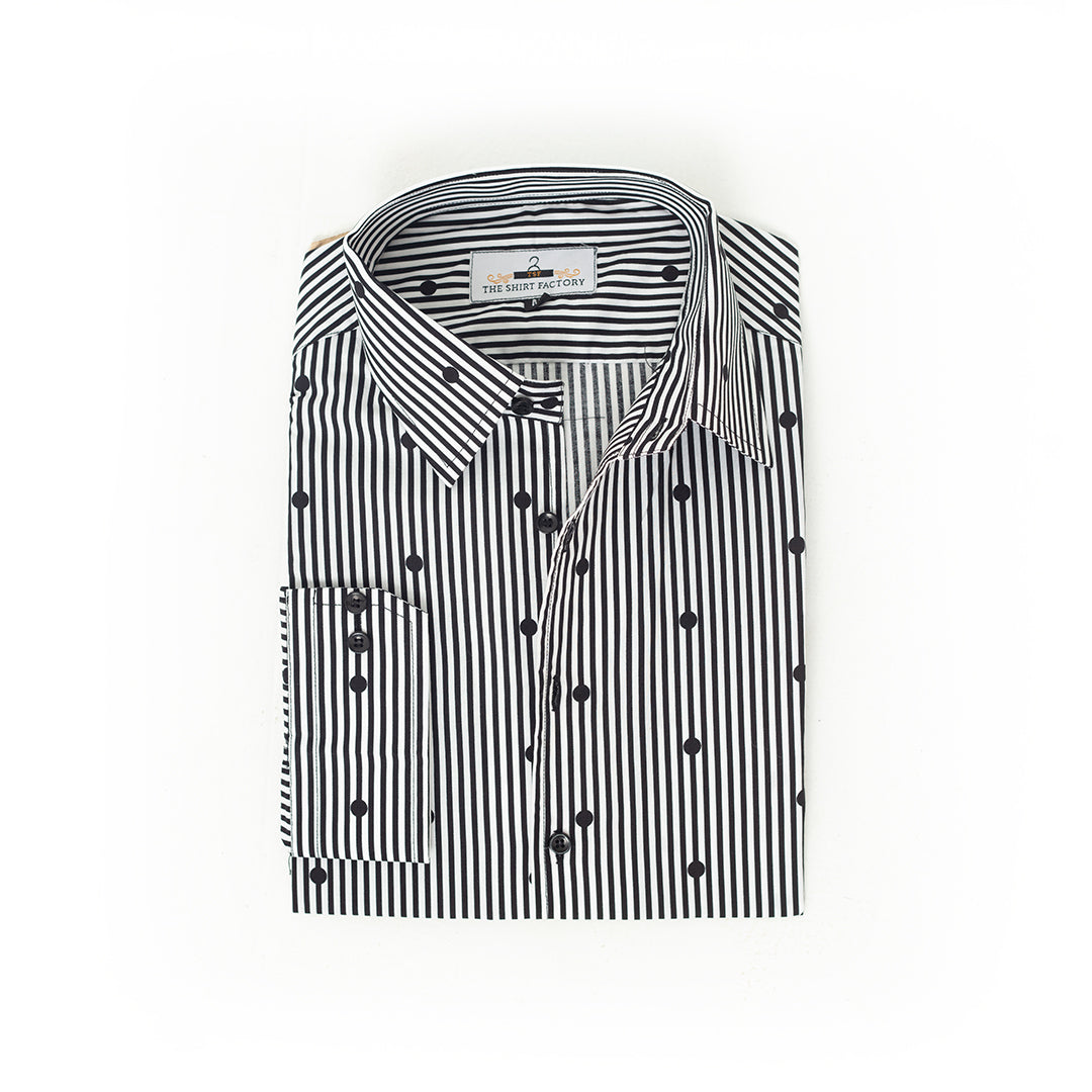 Wrinkle-Resistant Poly Cotton Black Monochrome Striped & Dotted Shirt