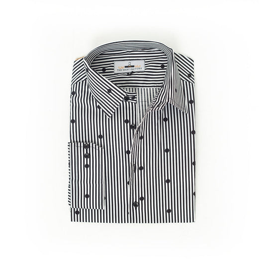 Wrinkle-Resistant Poly Cotton Black Monochrome Striped & Dotted Shirt