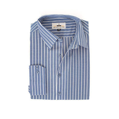 Wrinkle-Resistant Cotton Blend Mid Blue White Striped Shirt
