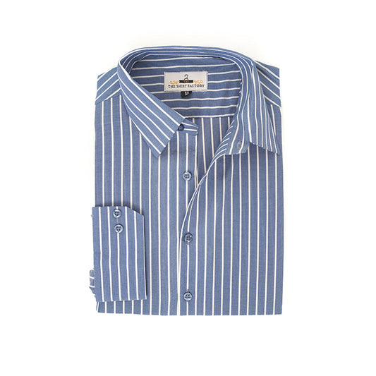 Wrinkle-Resistant Cotton Blend Mid Blue White Striped Shirt