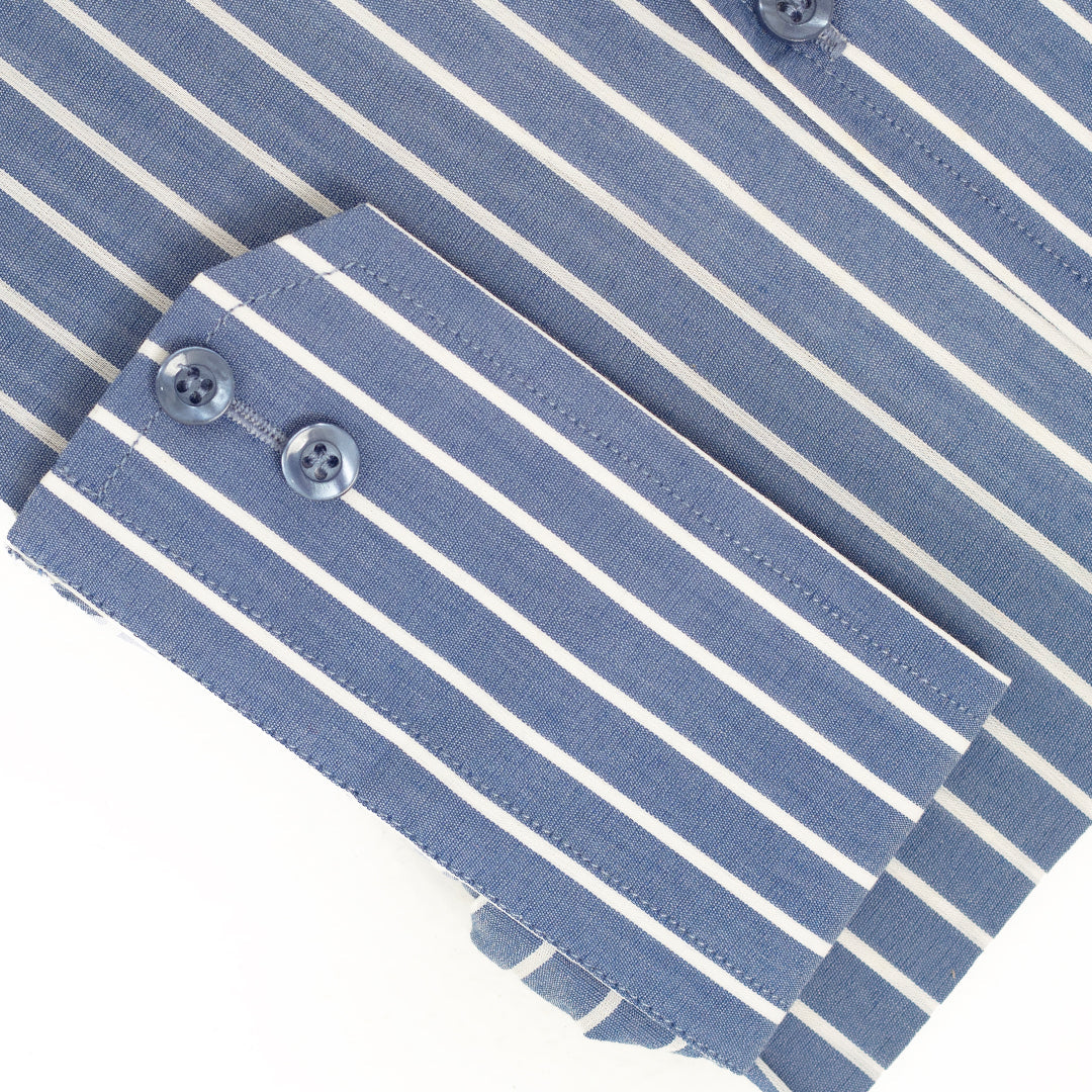 Wrinkle-Resistant Cotton Blend Mid Blue White Striped Shirt