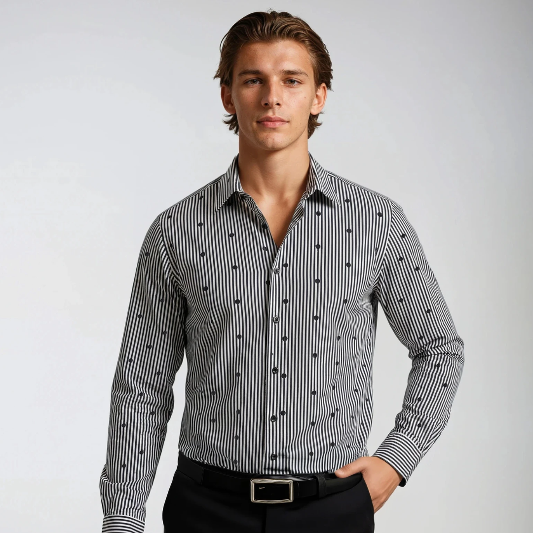 Wrinkle-Resistant Poly Cotton Black Monochrome Striped & Dotted Shirt