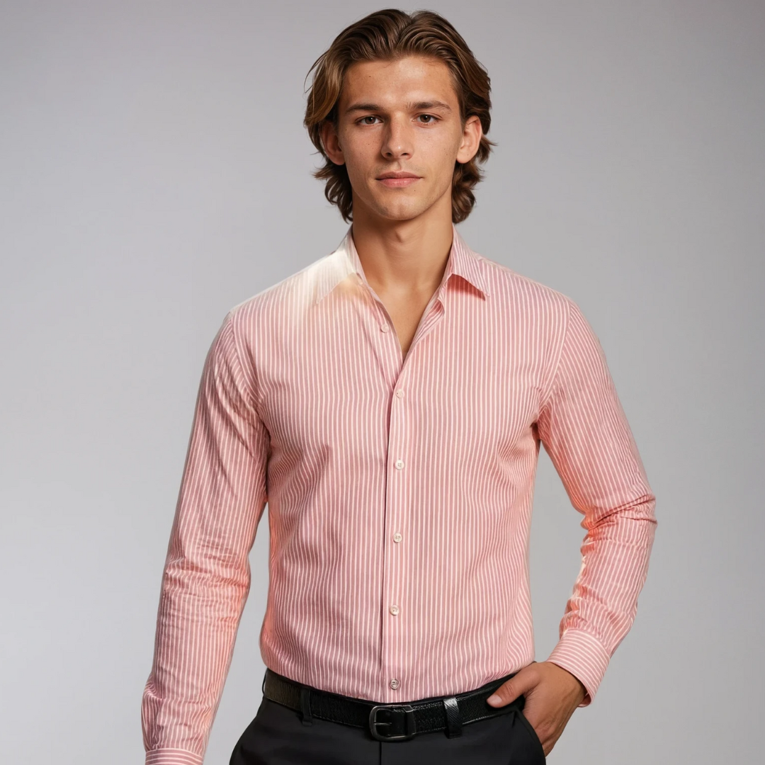 Wrinkle-Resistant Smooth Cotton Blend Pink White Striped Shirt