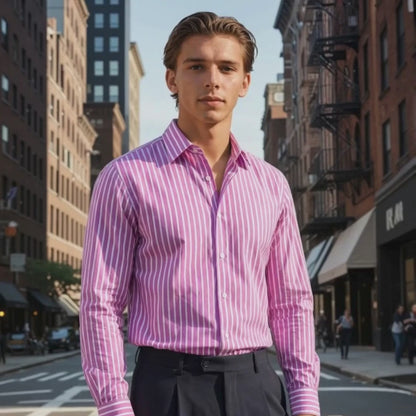 Wrinkle-Resistant Smooth Cotton Blend Purple White Striped Shirt