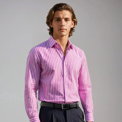 Wrinkle-Resistant Smooth Cotton Blend Purple White Striped Shirt