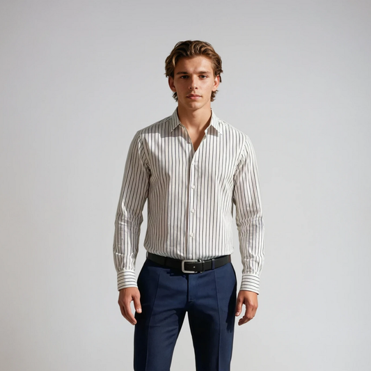 Wrinkle-Resistant Cotton Blend White Navy Striped Shirt
